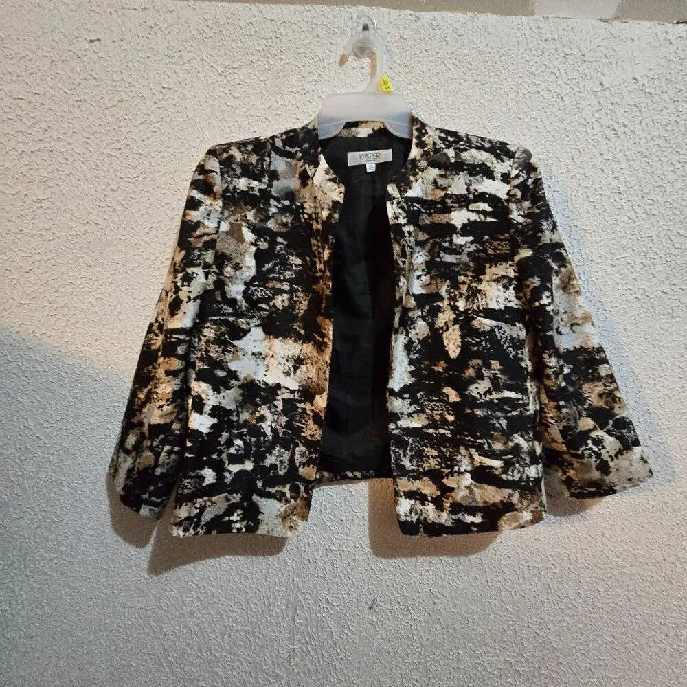 Kasper Womens Abstract Print Open‎ Front Blazer Jacket Size 14 Multicolor grunge